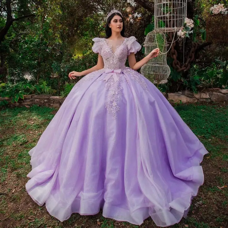 

Lilac Quinceanera Dress Ball Gown Princess Party Dresses for Birthday Scoop Short Sleeves Sparkling Tulle Sweet 15 Year Gowns