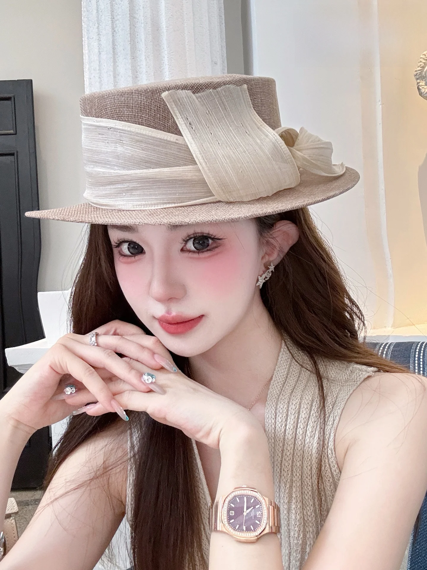 summer-women's-flat-top-straw-hat-silk-linen-decorated-holiday-gift-hat-sun-protection-wide-brim-hat-face-slimming-cap