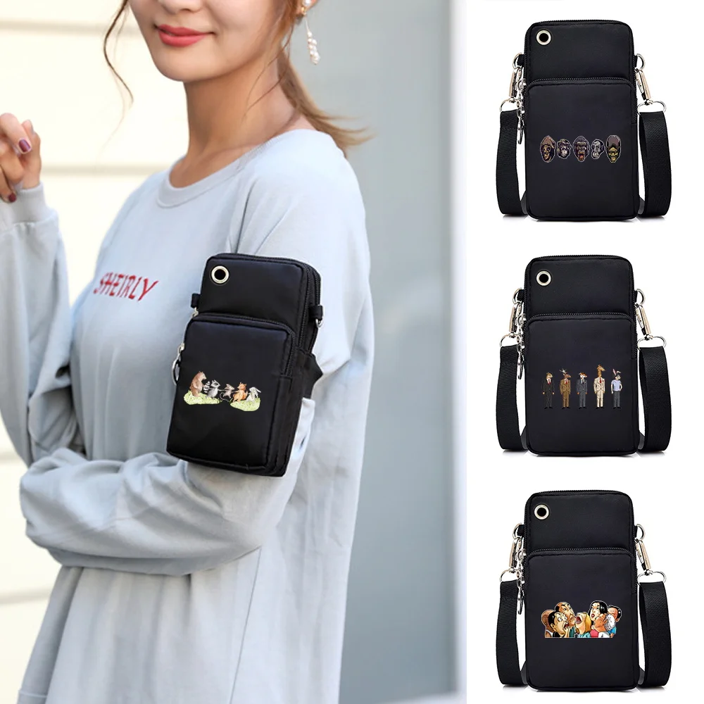 

Multi-layer Mobile Phone Bag Cartoon Printing Mini Double Layer Bag Zipper Purse Casual Outdoor Travel Adjustable Shoulder Bags