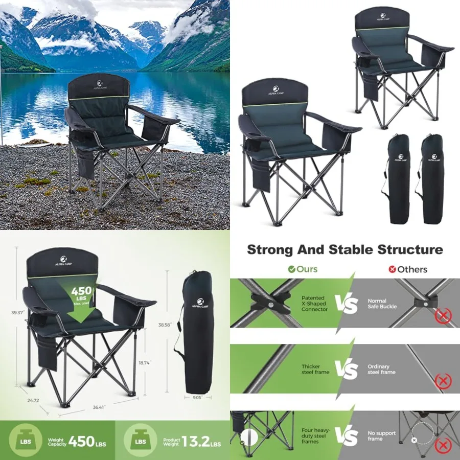 

Oversized Folding Camping Chair Portable Outdoor Heavy Duty Padded Chairs Lawn Chair with Cup Holder, Storage Pocket and Cooler