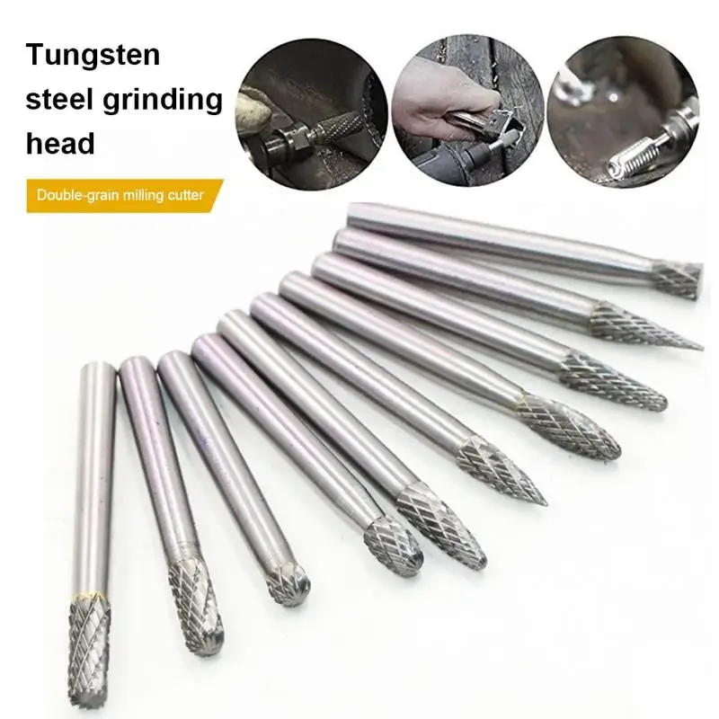 

Tungsten Steel Rotary Bur Set 10PCS Double Cut Solid Carbide Rotary Bit Rotary Cut File 6MM Handle For Metal Carving Woodworking