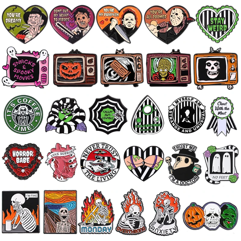

31 Styles Halloween Series Enamel Pins Horror Movie Killer Retro TV Skeleton Metal Brooch Lapel Badge Jewelry Gifts For Friends