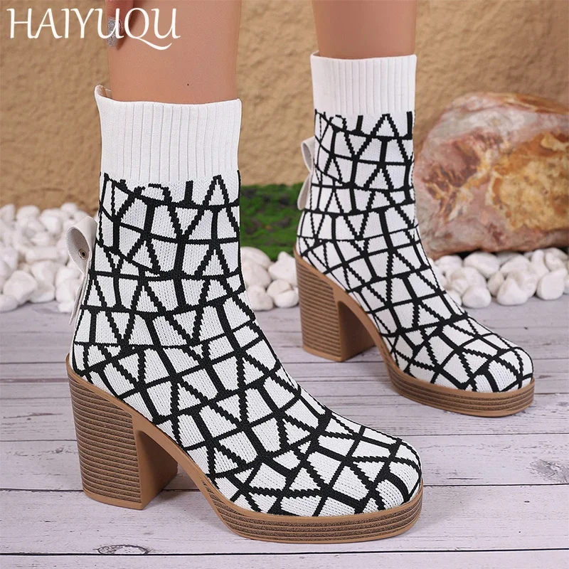 Women Knitting Sock Boots Elegant High Heels Shoes Woman 2025 Trend Fashion Winter Dress New Snow Pumps Ankle Boots Mujer Botas