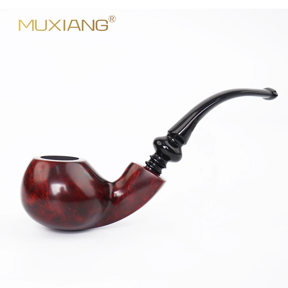 MUXIANG Briarwood Tobacco Pipe Hand Carved Curved Handle Apple Shape 9mm Filter Channel Solid Wood Pipe Father Day Gift For Men