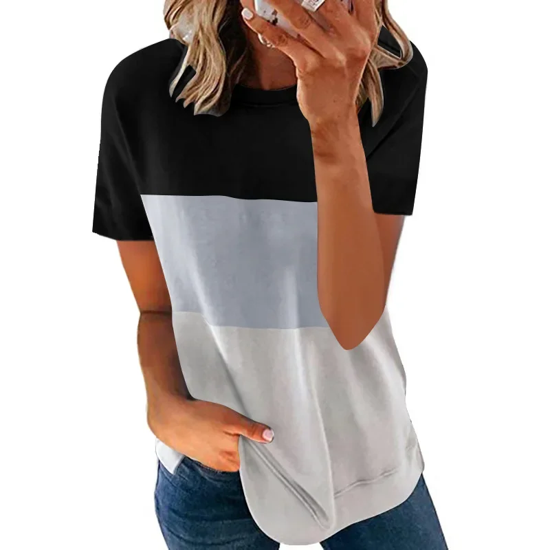 

Block Tops O Neck Short Sleeve Women Oversize Color T Shirts Loose Casual Tees 2024 New Jogging Loungewear Stayhome Style Wear