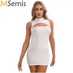 Sleeveless Pencil Dress for Women Smooth Cutout Solid Color Glossy Mock Neck Rave Festival Club Bodycon Dresses for Pole Dancing