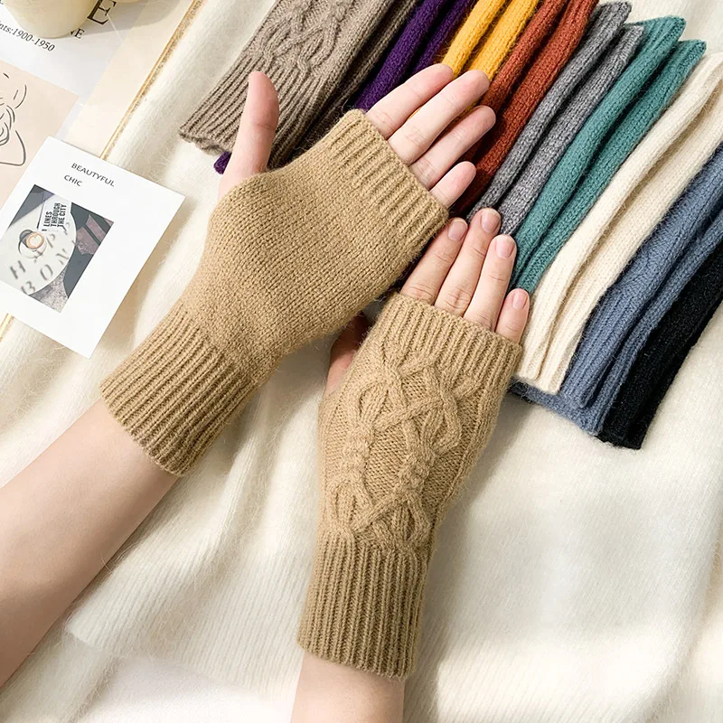 New Men Women Stretch Acrylic Knit Stripe Fingerless Mitten Student Couple Winter Warm Twist Flower Half Finger Solid Glove P11