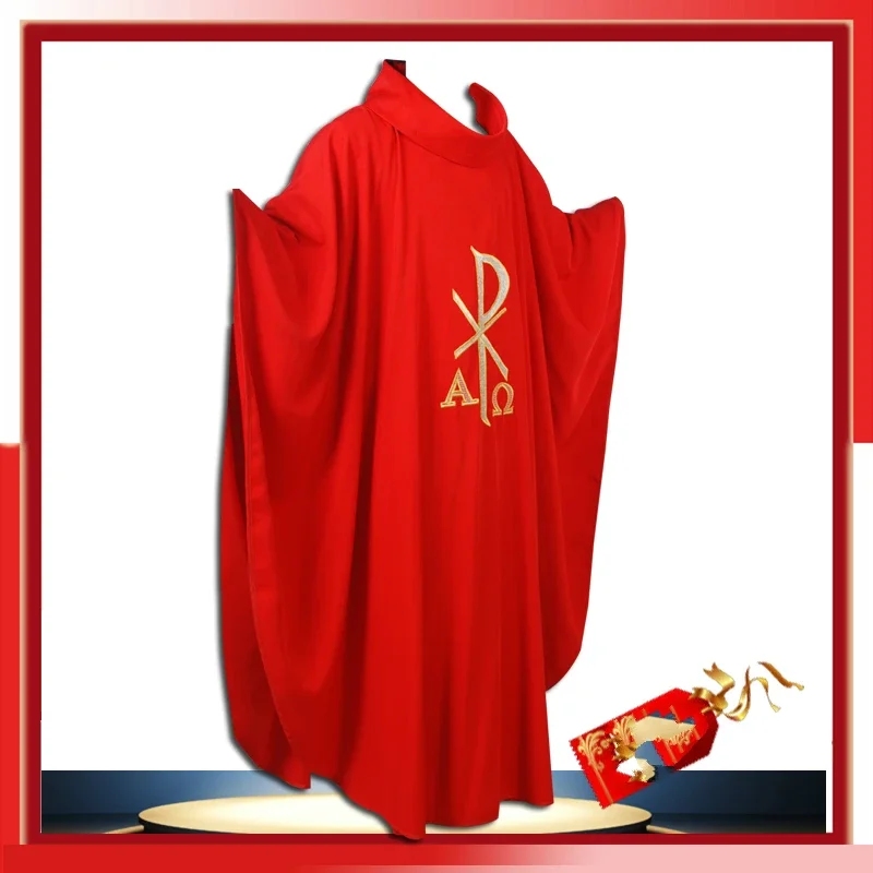 Priest Vestments Christian Costume Priest Costumes Embroidery Red Polyester Adult Catholic Religious Clothes Clergy Robe