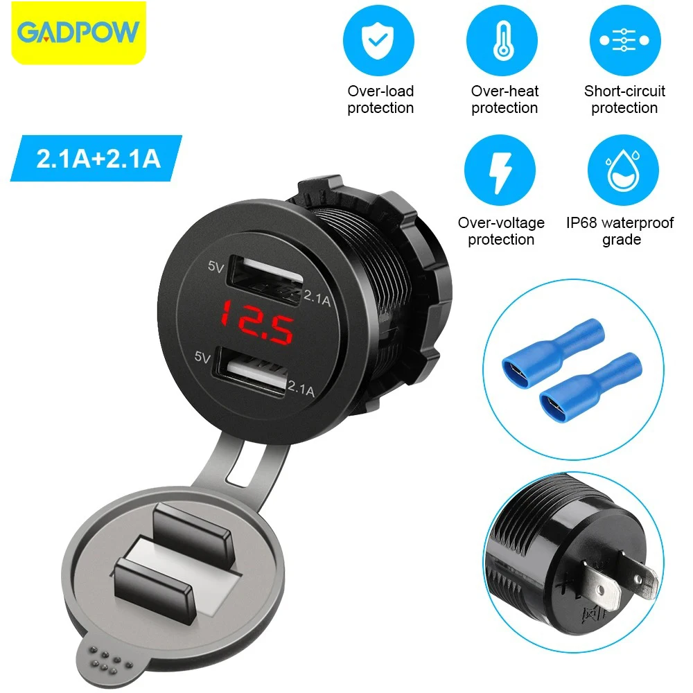 Gadpow-encendedor de cigarrillos Usb para coche, enchufe Dual de 4.2A, 12V, 24V, cargador de motocicleta, encendedor automático incorporado