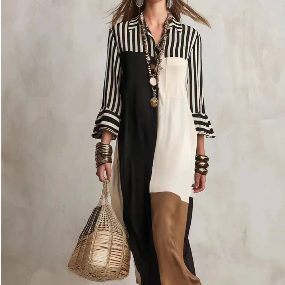Elegant Spring Autumn Dress Contrast Color Casual Fashion Temperament Loose Striped Street Style Long Sleeve Lapel Shirt Dresses