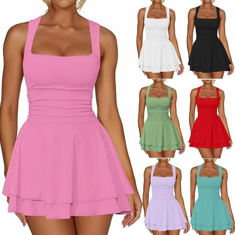 

2025 Women's Square Neck Mini Dress - Waist Pleated Short Dress | European & American Hot-Selling Style