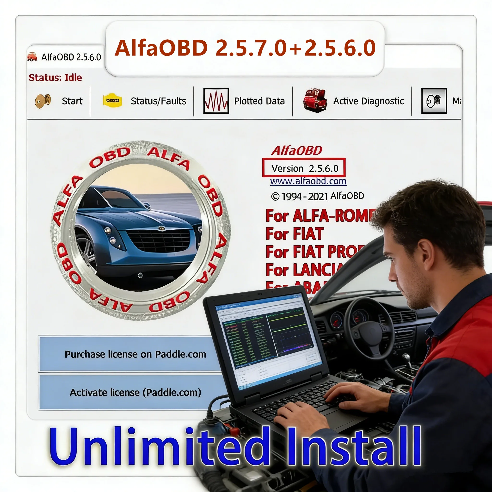 AlfaOBD 2.5.7.0+2.5.6.0 Car Diagnosis Automotive Tool ECU Coding Key Programming Tool auto repair mechanic For fiat/jeep