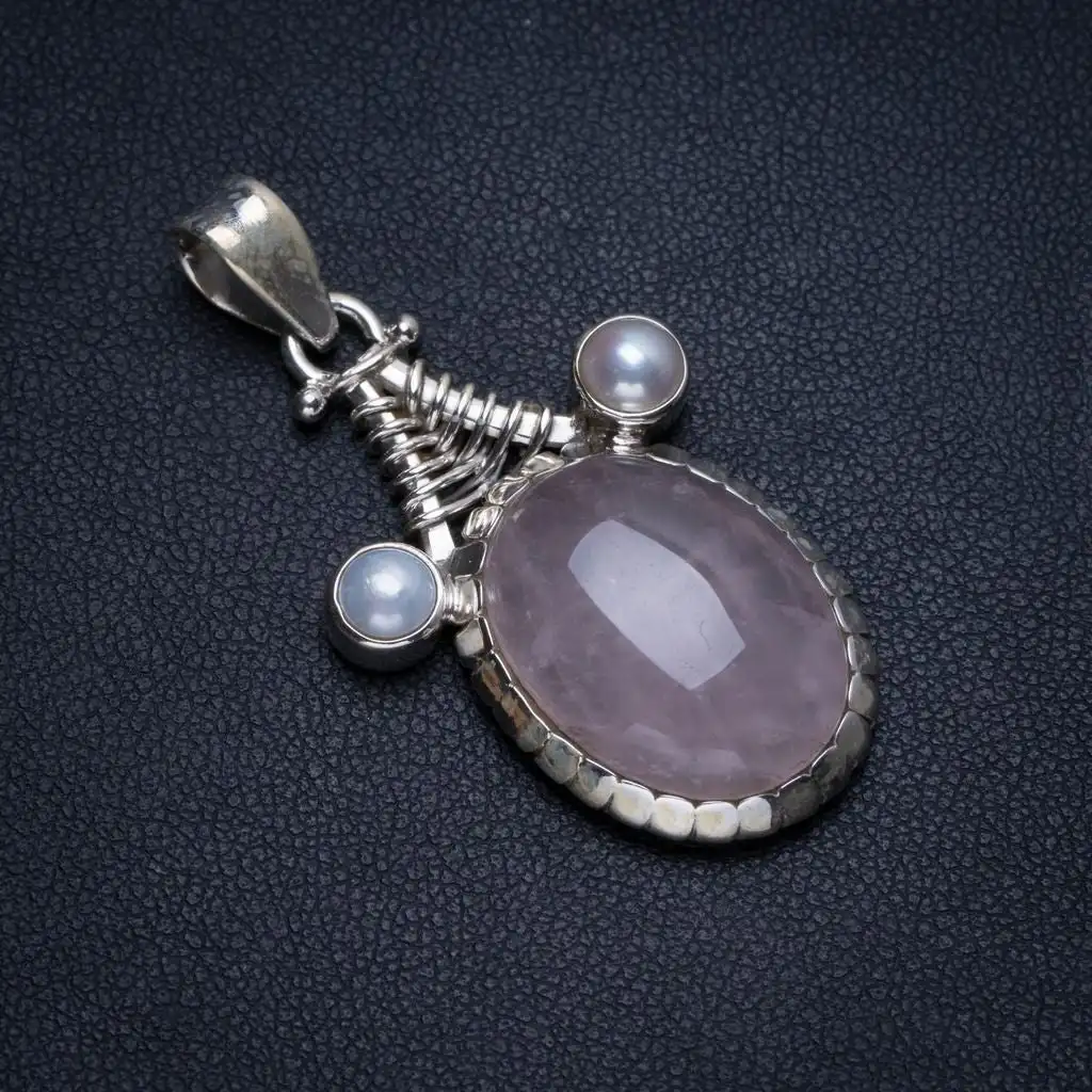 Rose Quartz and River Pearl Handmade Boho 925 Sterling Silver Pendant 1 3/4