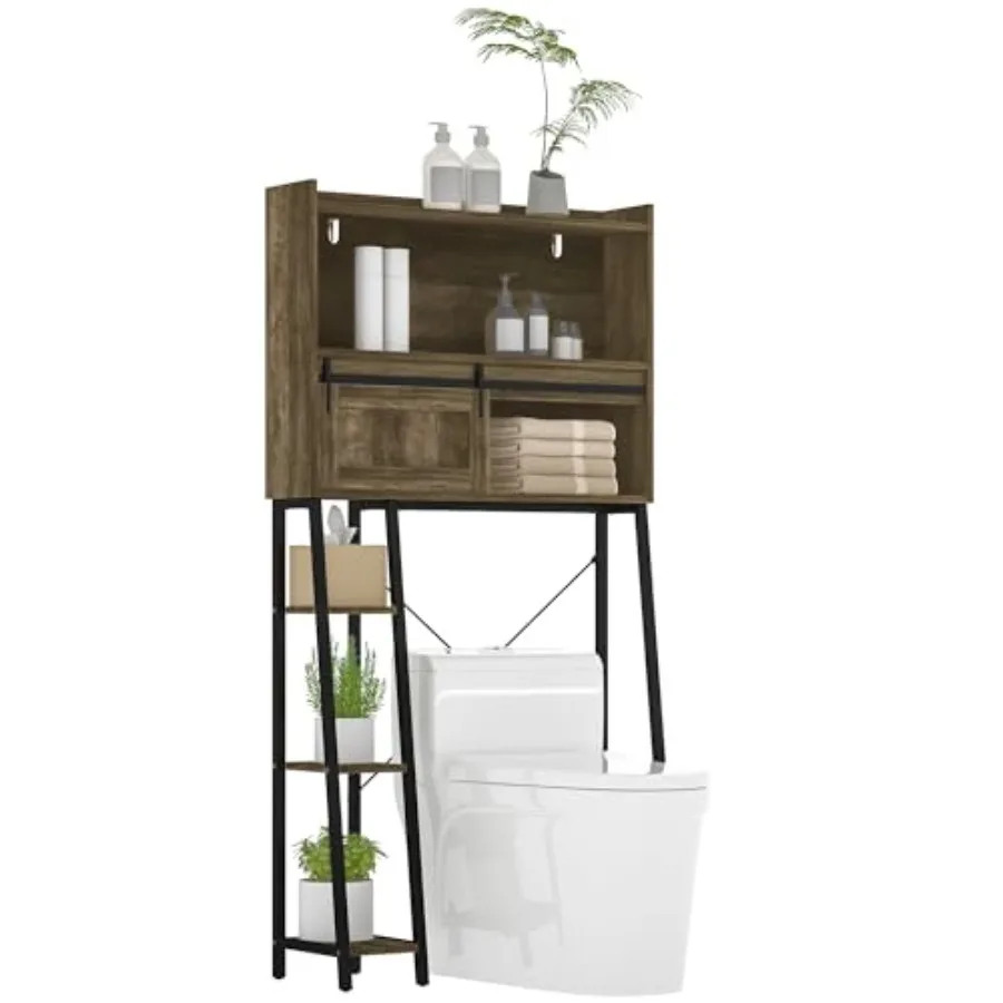 

Over The Toilet Storage Cabinet Freestanding Over Toilet Bathroom Organizer with Sliding Door 3 Storage Compartments and 4 Open
