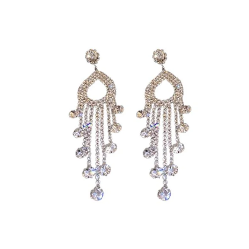 

Super Sparkle Full CZ Heart Chain Tassel Earrings, Luxury Exaggerated High End Ear Ornaments, Exquisite Fashion Jewelry Gift for