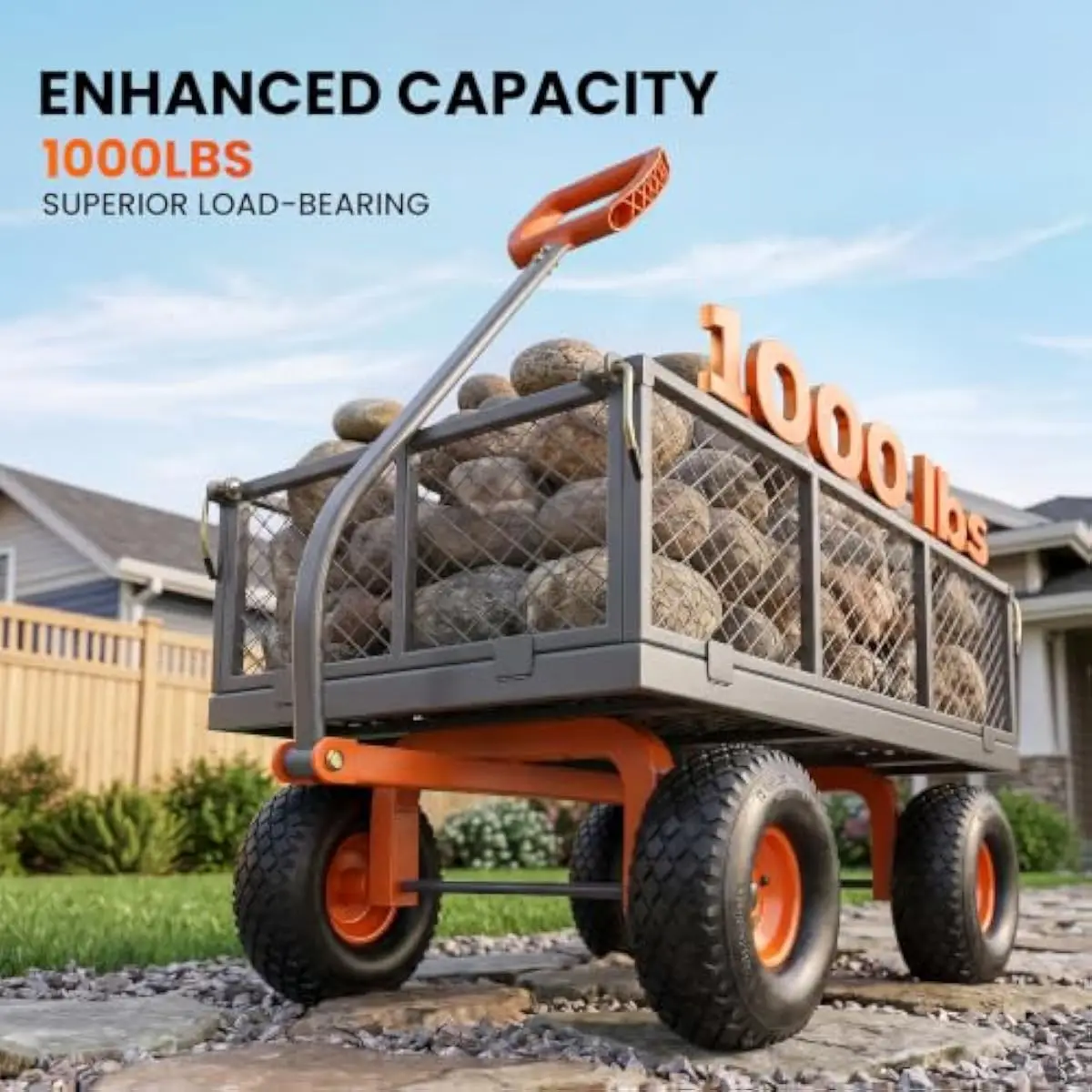 Heavy-Duty Steel Utility Wagon with 10-Inch Pneumatic All-Terrain Tires, 1000 lb Load Capacity, Removable Mesh Sides, Widened Re