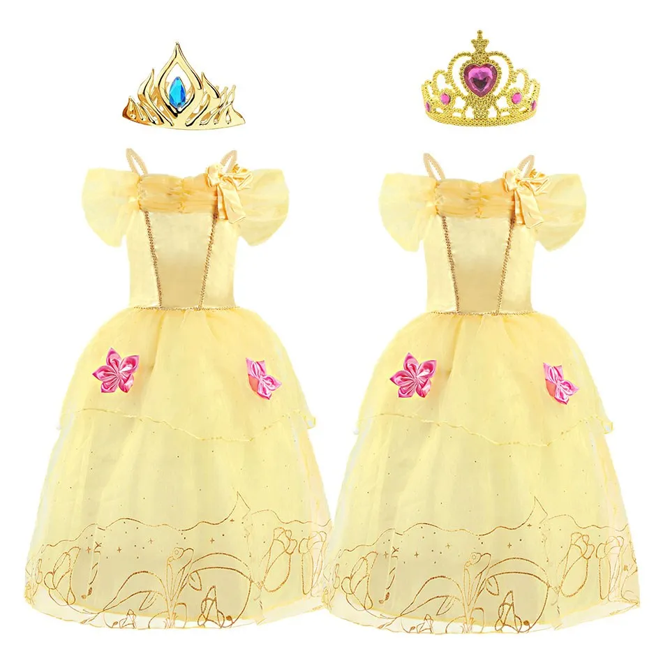 Princess Belle Kids Dress Cosplay Party Fairy Style Full-dress Yellow Sequin Clothes  Costume Toga  Girls Sequin Tutu Dress