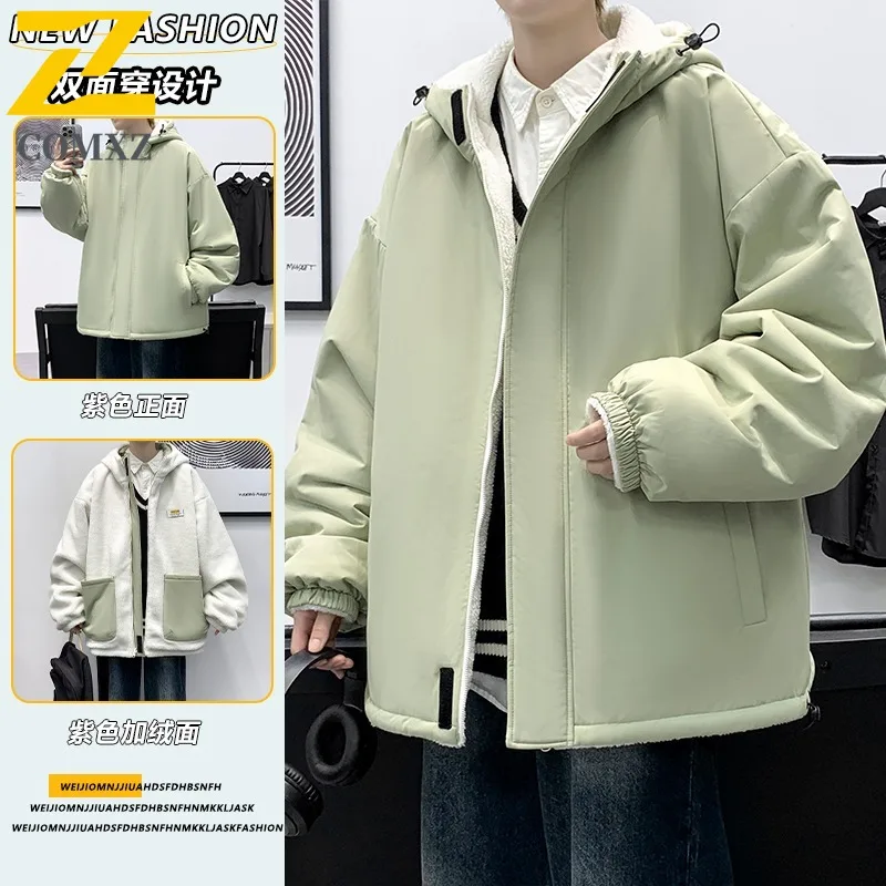 

COMXZ 2025 Mens Winter Reversible Sherpa Lined Thick Hooded Cotton Jacket Fashion Casual Warm Outwear Streetwear windbreaker