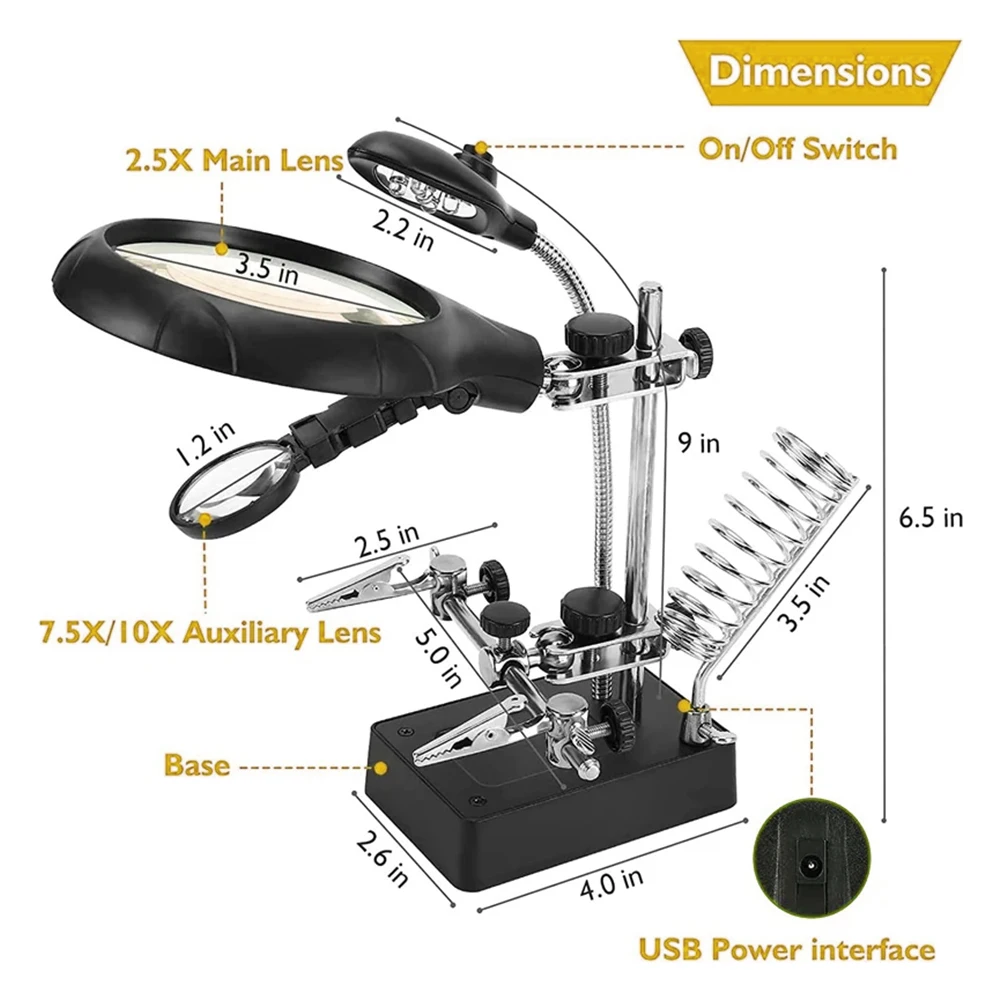 KATWAY 3In1 Welding Magnifying Glass LED Light Auxiliary Clip  Loupe Magnifier Hand Soldering Iron Stand Holder Station HH-AA82