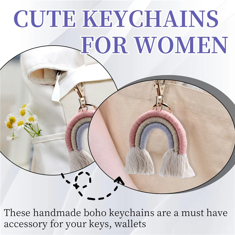 AED5-Weven Regenboog Sleutelhangers Voor Vrouwen Boho Handgemaakte Sleutelhouder Sleutelhanger Macrame Tas Charme Auto Opknoping Sieraden Geschenken