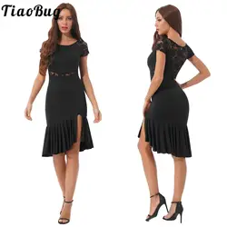 Women Latin Ballroom Dance Dress Professional Lace Patchwork Sides Split Swing Dresses Irregular Tango Chacha Dancewear