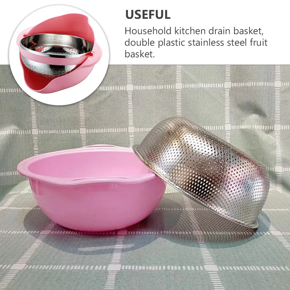 

Thickened Stainless Steel Rice Washing Colander Double Layer Drain Basket Kitchen Vegetable Fruit Washing Strainer Large