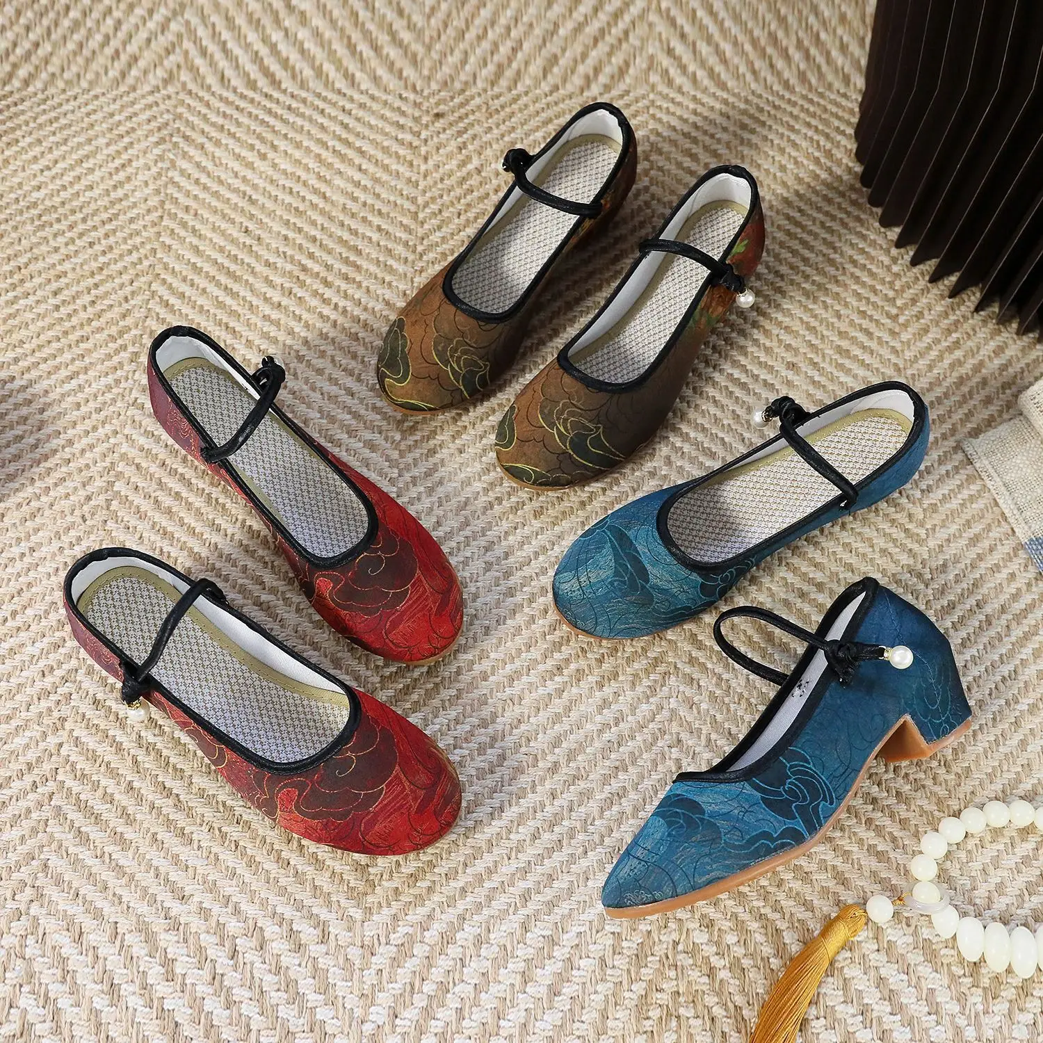 34-40 Ethnic Style Low Heel Cloth Shoes Women Comfortable Cheongsam Hanfu Shoes Block Heel Canvas Pumps Ankle Strap Cotton Shoes