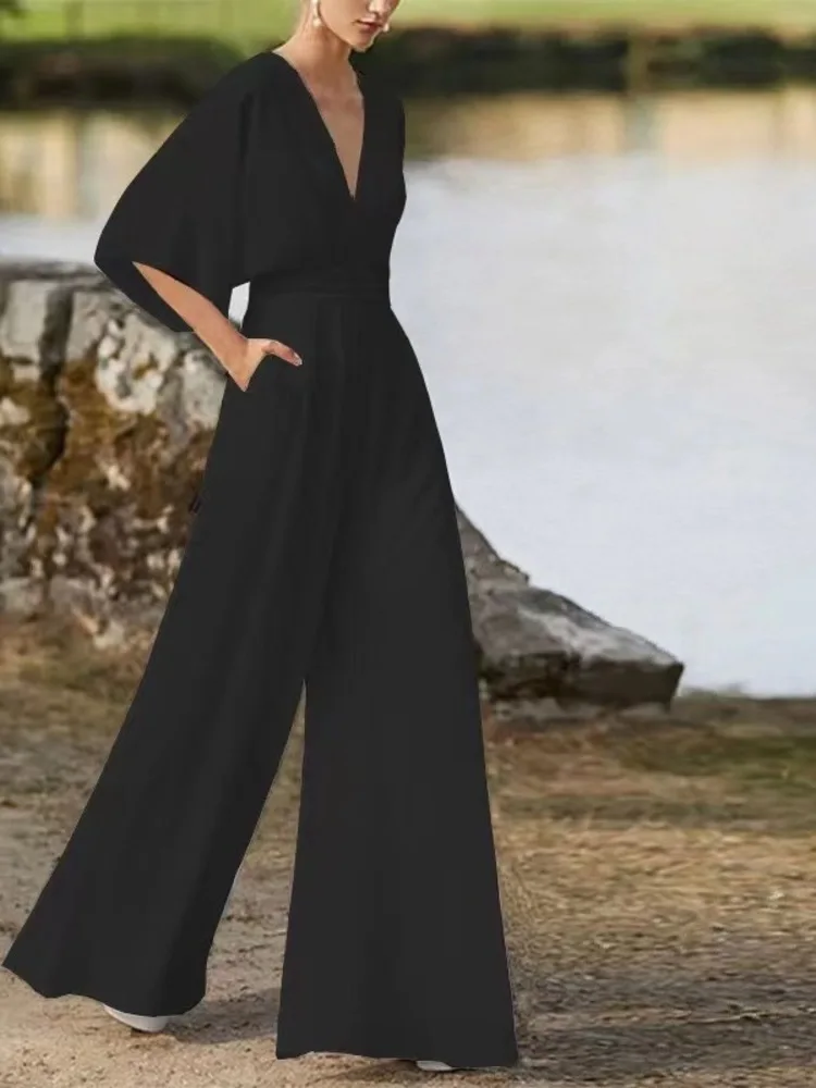 UCXQ Elegant Casual Jumpsuit Chinese Style Office Lady Solid Color All Match V-neck Loose Jumpsuits Women 2025 Spring Summer 842