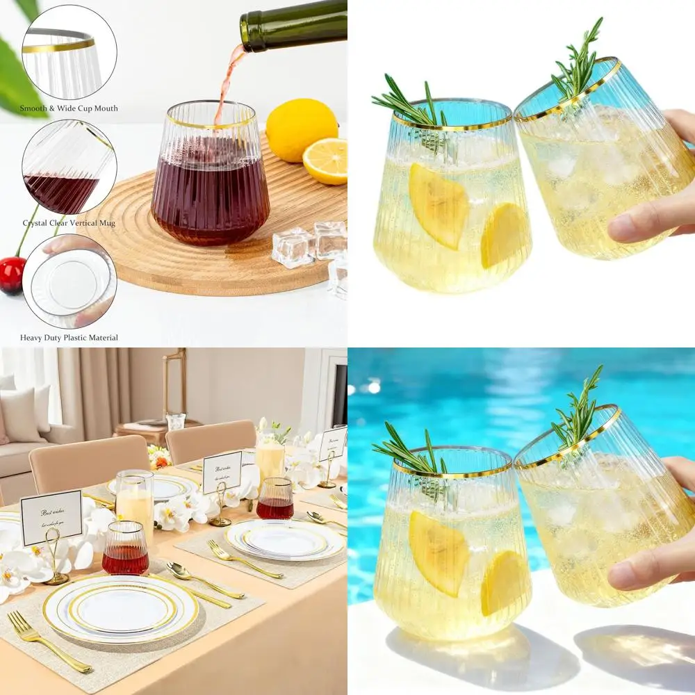 

Set of 72 Clear Plastic Wine Glasses with Gold Rims - Ideal for Weddings, Parties, and Everyday Use