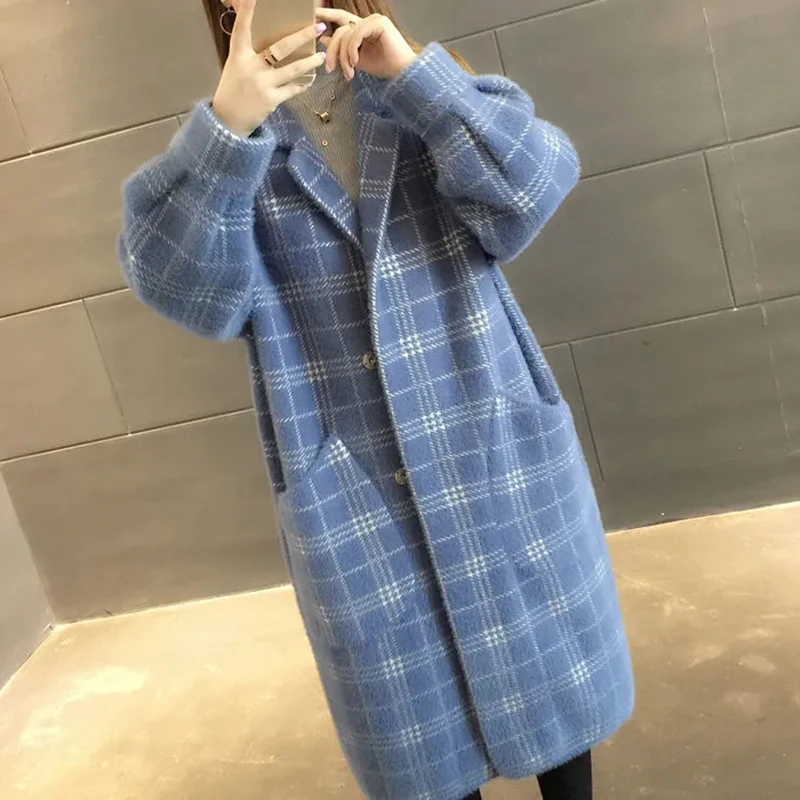 Imitation Mink Velvet Cardigan Coat Women New Midi Trench Coats Autumn Winter Korean Thick Loose Warm All Match Plaid Overcoat