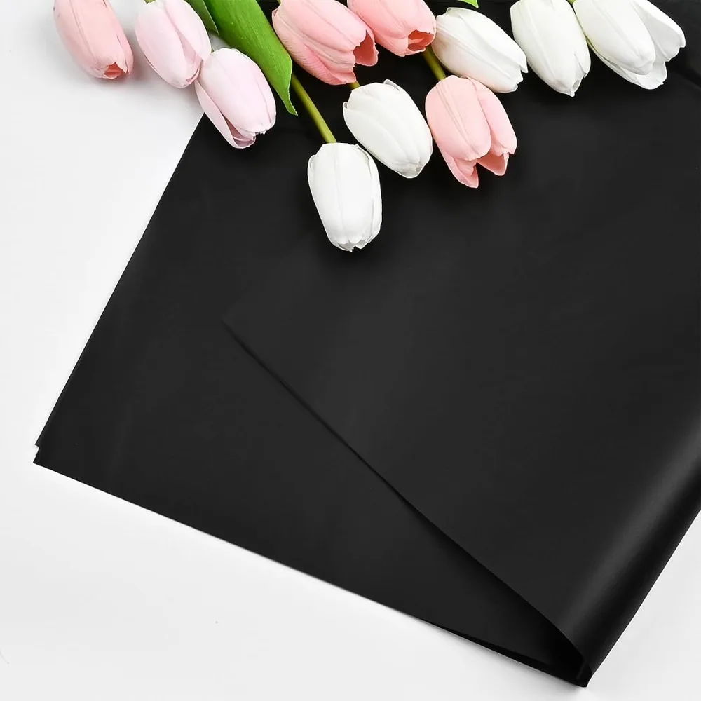 Waterproof Translucent Korean Floral Wrapping Paper 20 Sheets Black Flower Design for Bouquet Gift Packaging Florist Supplies 22.8x22.8 Inch