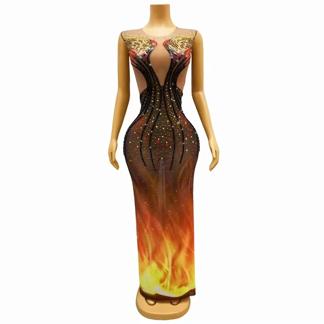 

Black Gold Red Fire Pattern RhinestonesSleeveless Dress Sexy Stretch Outfit DanceShow Nightclub Costume Party Wearfenghuang