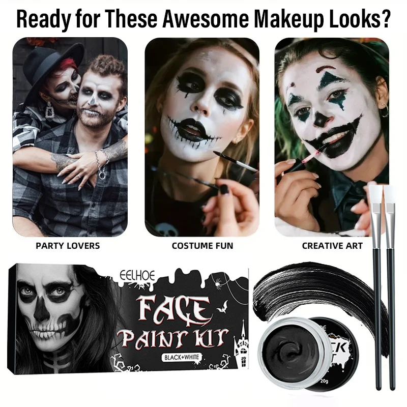2개 블랙 화이트 할로윈 페이스 페인트 세트, 풍부한 색상, 고농도 색소 페이스 및 바디 페인트, 할로윈 캐릭터 역할극