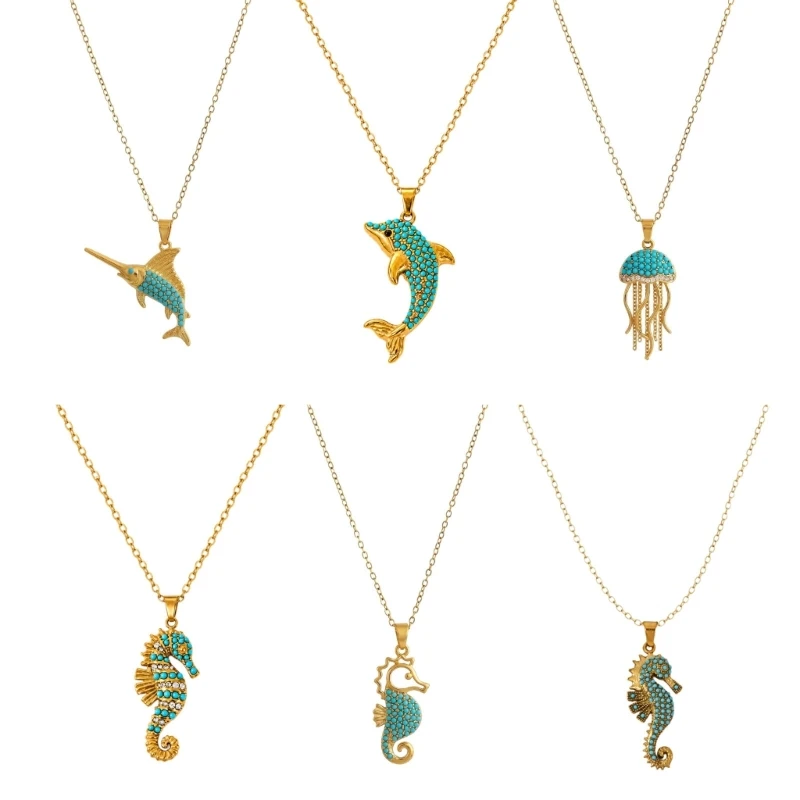 72XE Ocean Inspired Necklace with Stainless Steel Chain, Gold Tone Finish, and Turquoise Accent for Gift Ready Styling