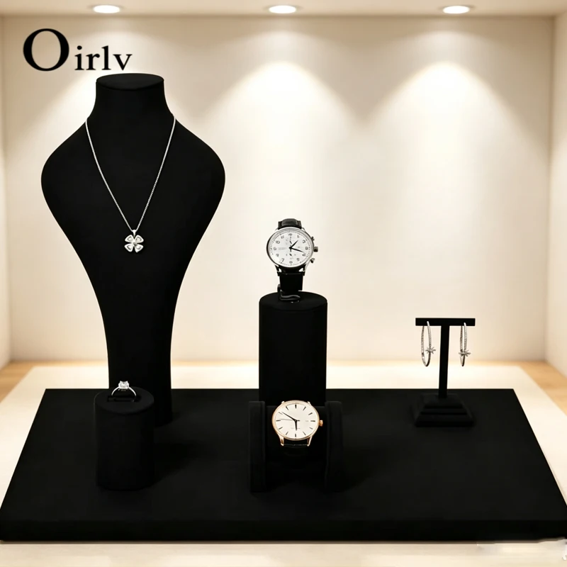 Oirlv Black Jewelry Display Set Necklace Watch Ring Earring Display Holder Multi‑Piece Jewelry Display Stand for Store Showcase