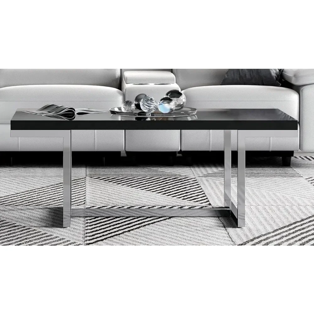 Coffee Table - Black Paint Finish, Polished Stainless Steel Base, High Gloss Black Paint Finish Top Living Room Furniture