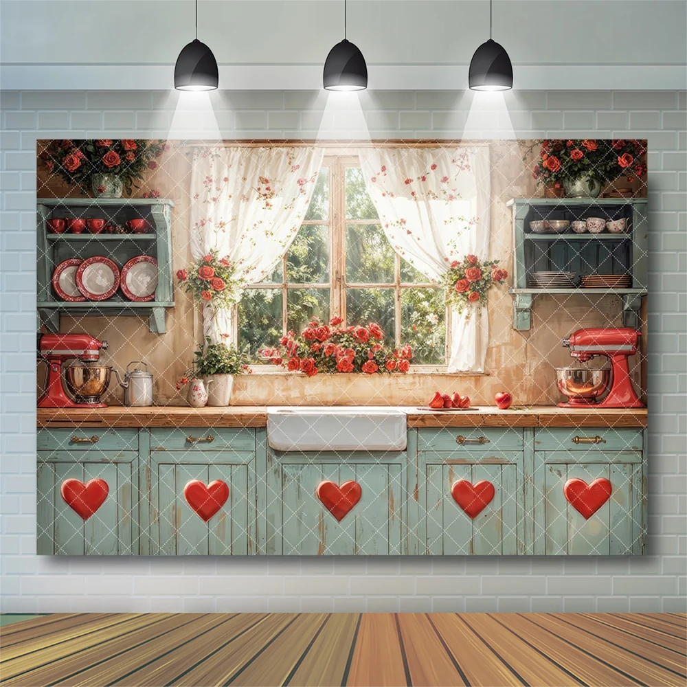 Rustic Valentine's Day Kitchen Window Backgrounds Family Adult Photography Banner Kitchenware Backdrop Spring Flower