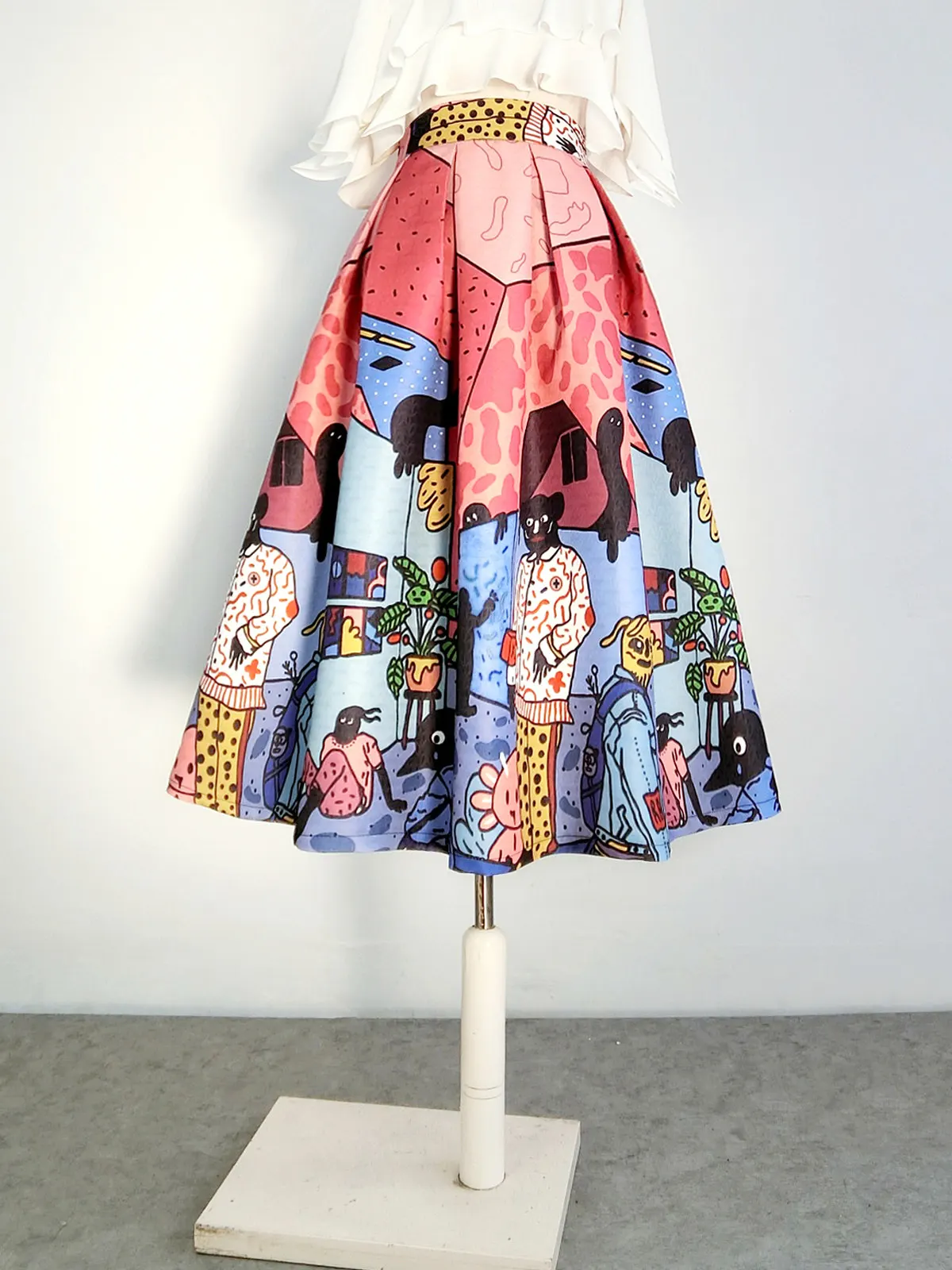 High Quality Original Hand-drawn Cartoon Printed Women Casual A-line Skirt All-match High Waist Elegant Lady Umbrella Skirts