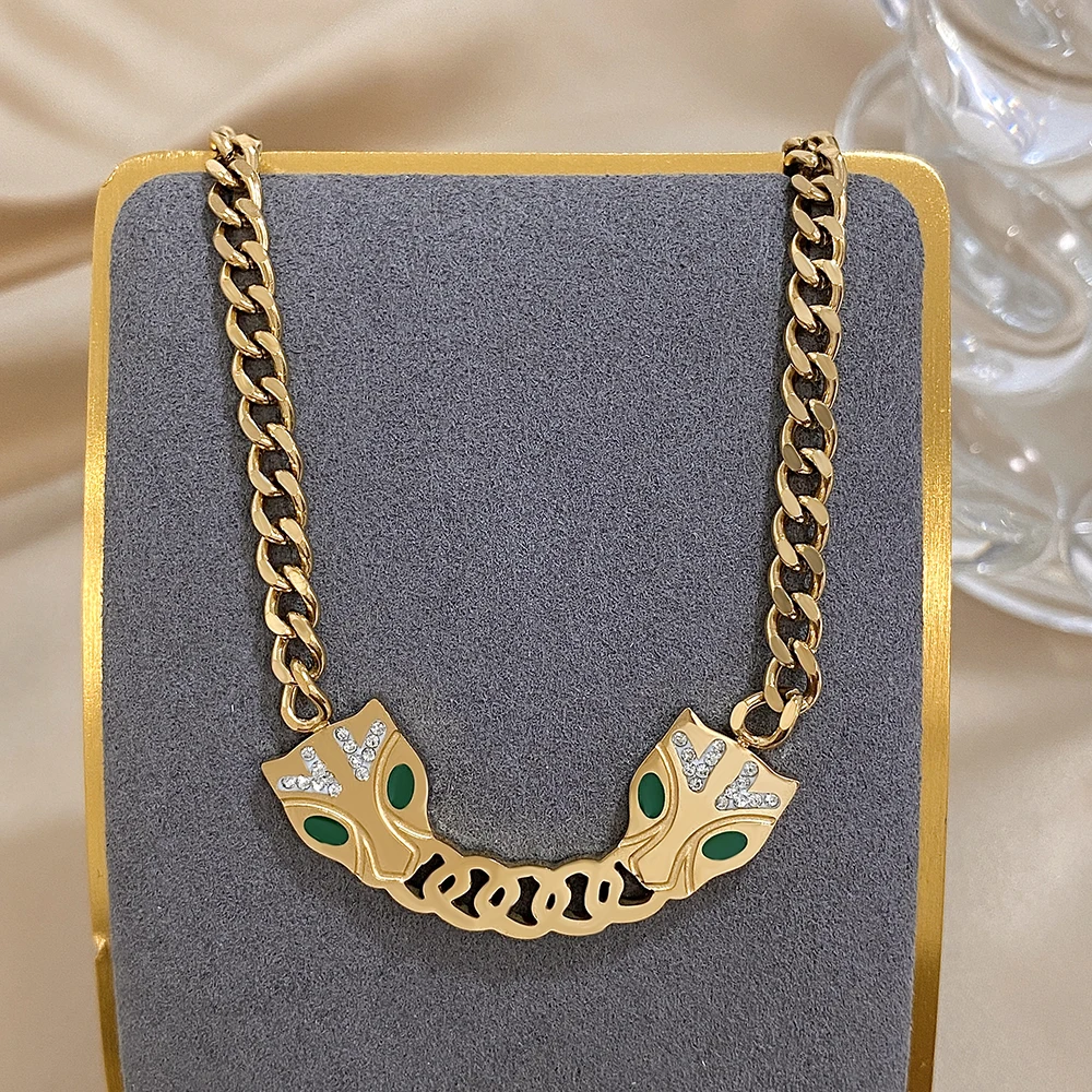 Flashbuy Gold Color Unique Stainless Steel Geometric Leopard Head Pendant Necklace for Women Chunky Cuban Chain Jewelry Gift