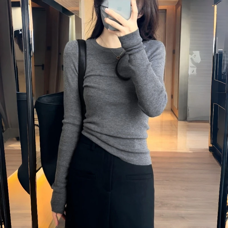 

Вязаная рубашка с длинным рукавом, женская рубашка с круглым вырезом, облегающий базовый слой, осень-зима