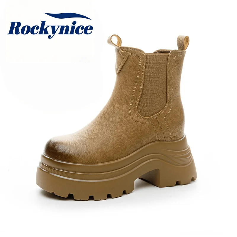 New Autumn Winter Women's Chelsea Boots British Style Thick-soled Chimney Boots Women High Platform Slip-on  Leather Ankle Boots
