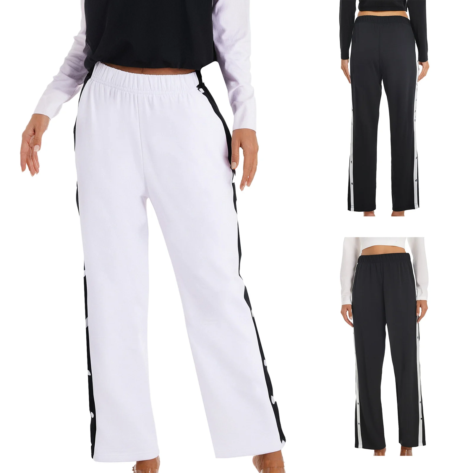 Women Color Block Wide Leg Sweatpants Tear Away Loose Long Pants Elastic Waist Side Pockets Side Pressing Buttons Pants