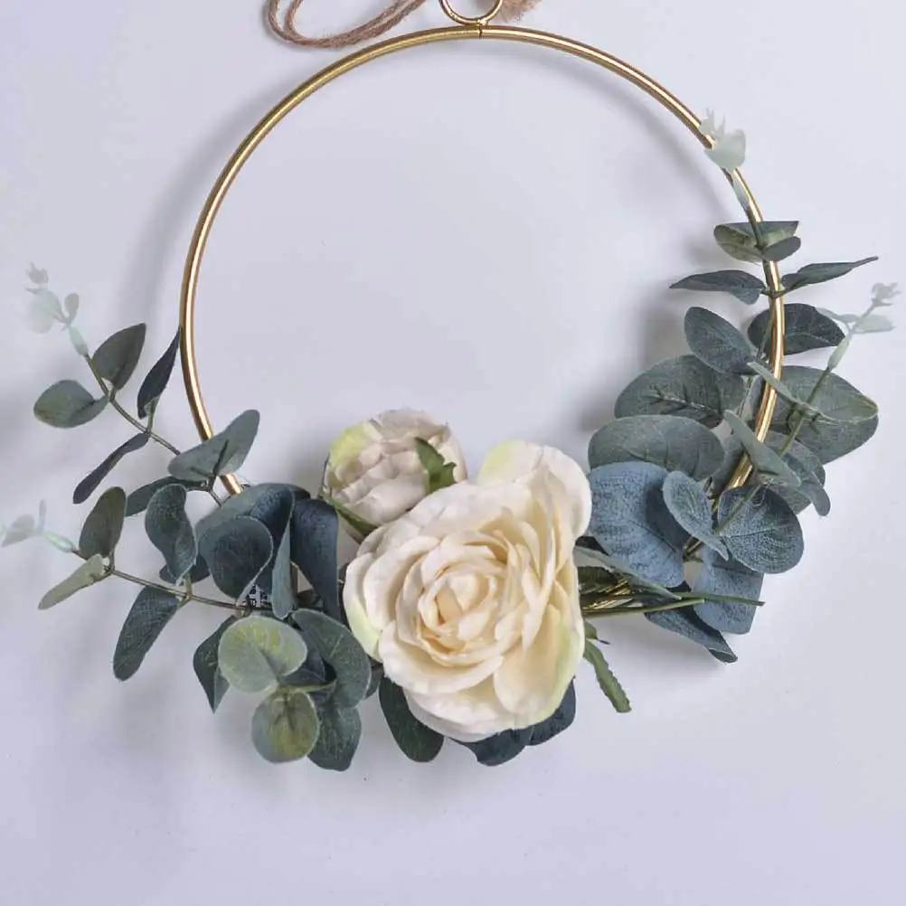 

Iron Flower Wreath Hanging Pendant White Round Mini Rose Elegant Rustic Wall Hanging Decoration for Wedding Home Party Festival