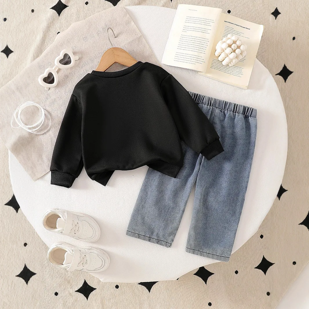 Girls Infant Two Piece Set Bow Embroidered Black Long Sleeve Sweater Denim Jeans Casual Outfit