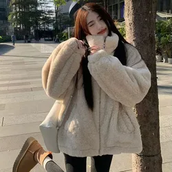 Biyaby Korean Vintage Cashmere Women Autumn Winter High Quality Loose Thicken Overcoat Femme Solid Color O-Neck Jacket Female