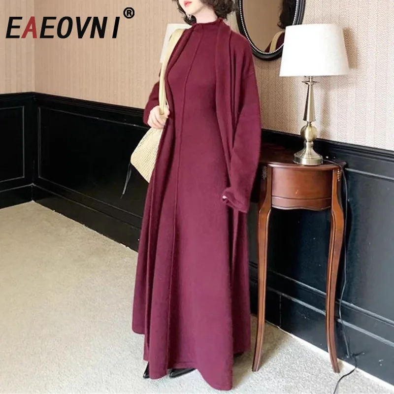 

EAEOVNI Элегантный вязаный комплект из 2 предметов, женский длинный кардиган, длинное пальто + тонкие однотонные платья без рукавов, мода 2025, новинка зимы