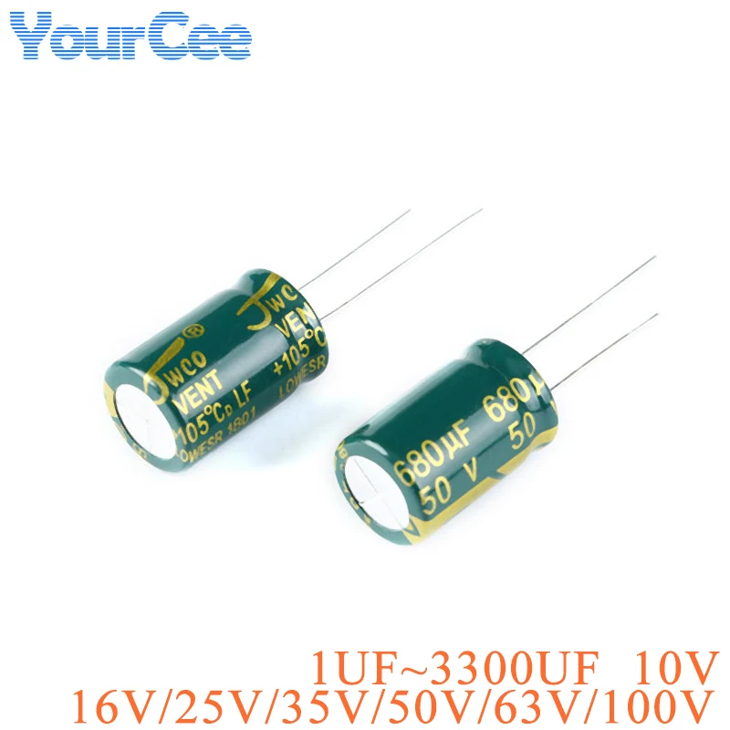 20pcs High Frequency Aluminium Electrolytic Capacitor 10V 16V 25V 35V 50V 63V 100V 1UF~3300UF Capacitance Low Resistance DIP