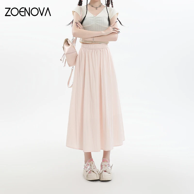 

ZOENOVA Korean Fashion Women's Casual High Waist Skirt Summer Thin Lyocell Fabric Soft Solid Loose A-Line Beach Party Clothing