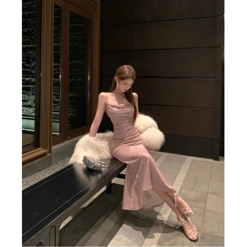 Vestido Largo Sexy sin Tirantes, Material de Seda, Ajustado a la Cintura, Estilo Femenino, Estampado de Lunares, Sin Mangas, ...