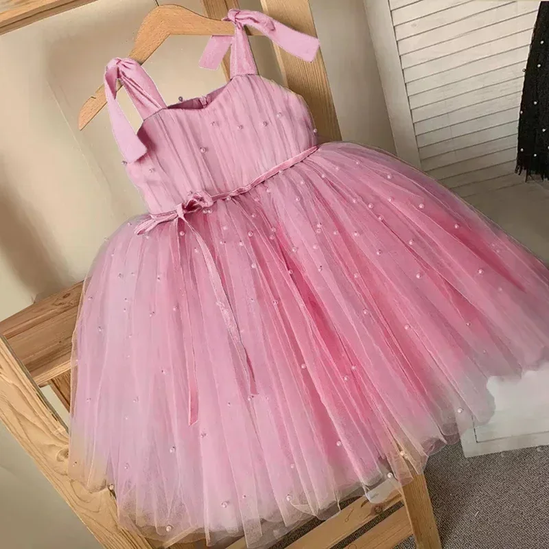 

Summer Baby Girls Tulle Dress Princess Birthday Party Tutu Fluffy Pearl Dress Kids Wedding Evening Gown 1-5Yrs Children Clothing